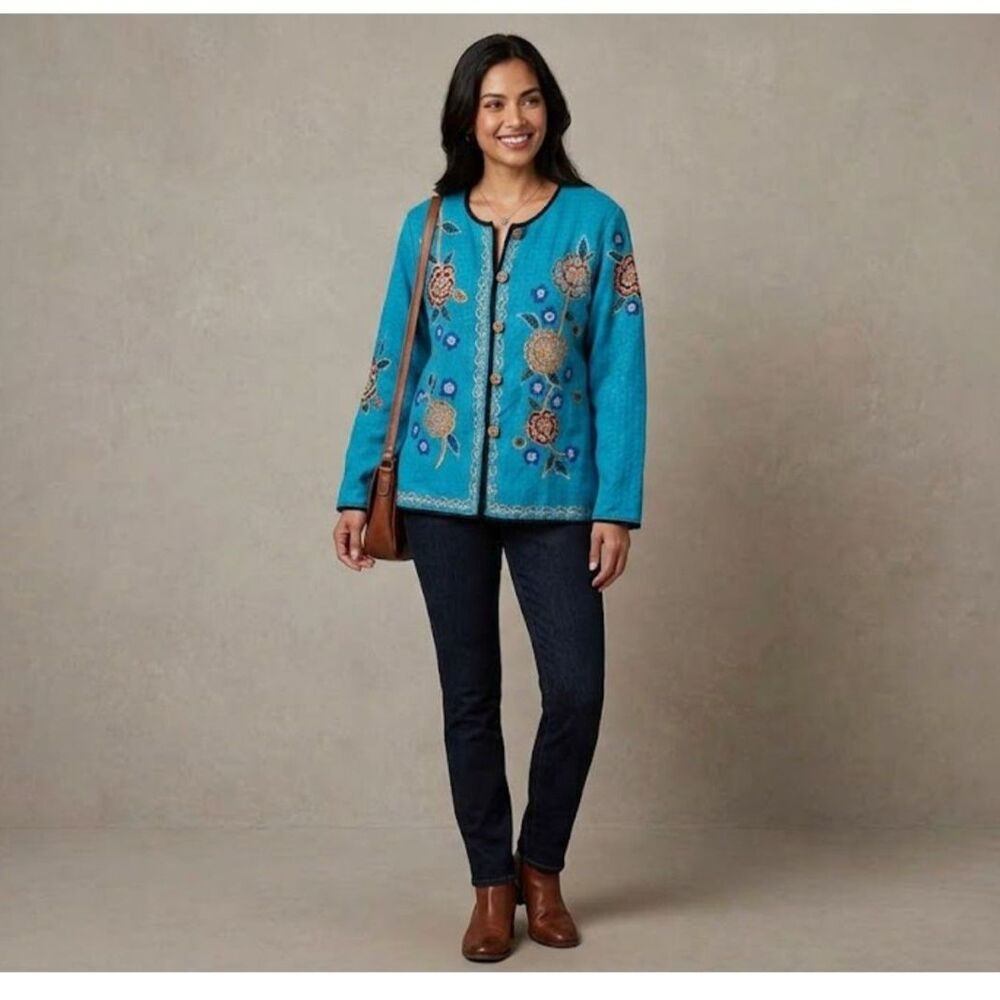 Artsy Boho Folk Cottage Sz M Jacket Embroidered Floral Turquoise Colorful Entice